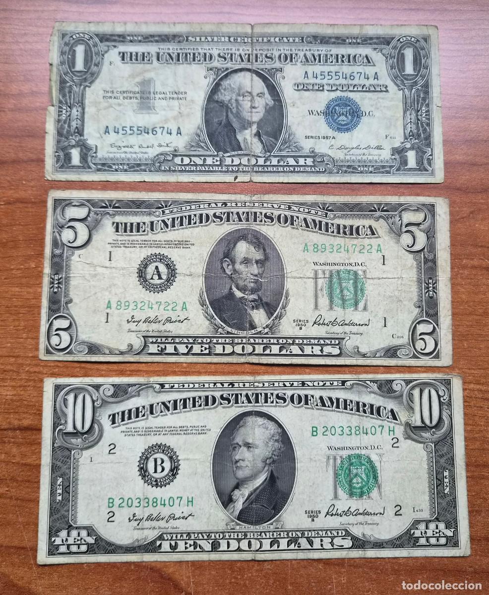 Billetes extranjeros: USA. Lote 3 billetes antiguos. 1 $ (1957) A A / 5 $ (1950) A A / 10 $ (1950) B H
