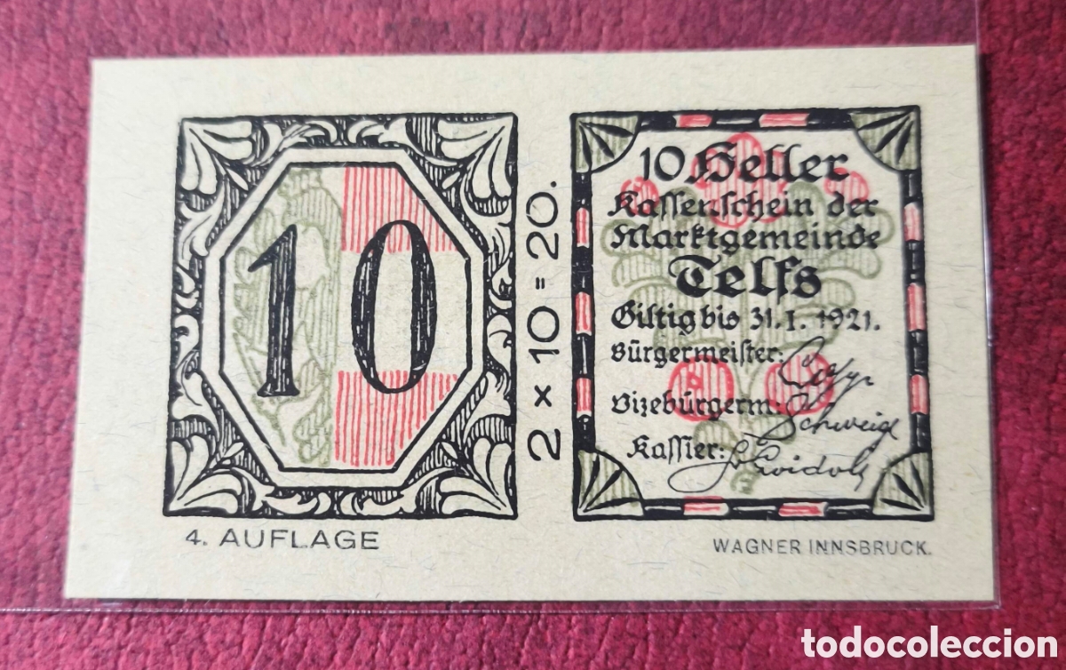 Billetes extranjeros: Austria 1921. Notgeld. 10 heller - Foto 2