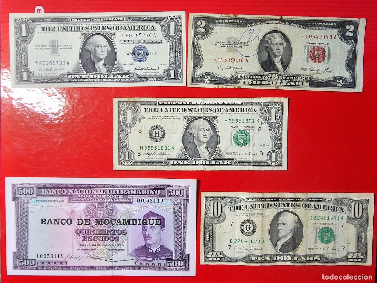 Notas Internacionais: LOTE 5 BILLETES ESTADOS UNIDOS y MUNDO|SOLO ACEPTO PAYPAL| BILLETE 1 2 10 DOLARES 1957 a 1995 LEER