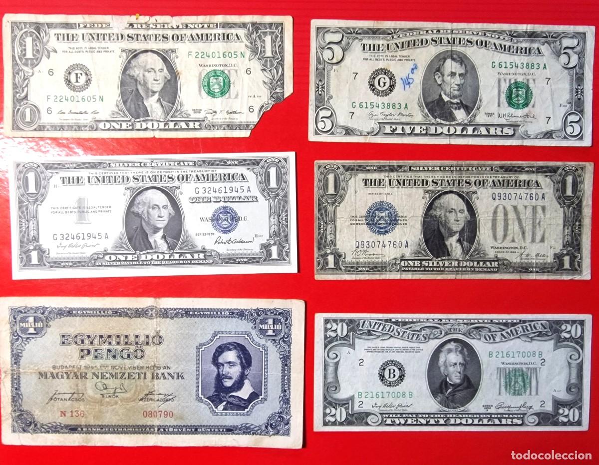 Notas Internacionais: LOTE 6 BILLETES ESTADOS UNIDOS y HUNGRIA|SOLO ACEPTO PAYPAL| BILLETE 1 5 20 DOLARES 1928 a 2009 LEER