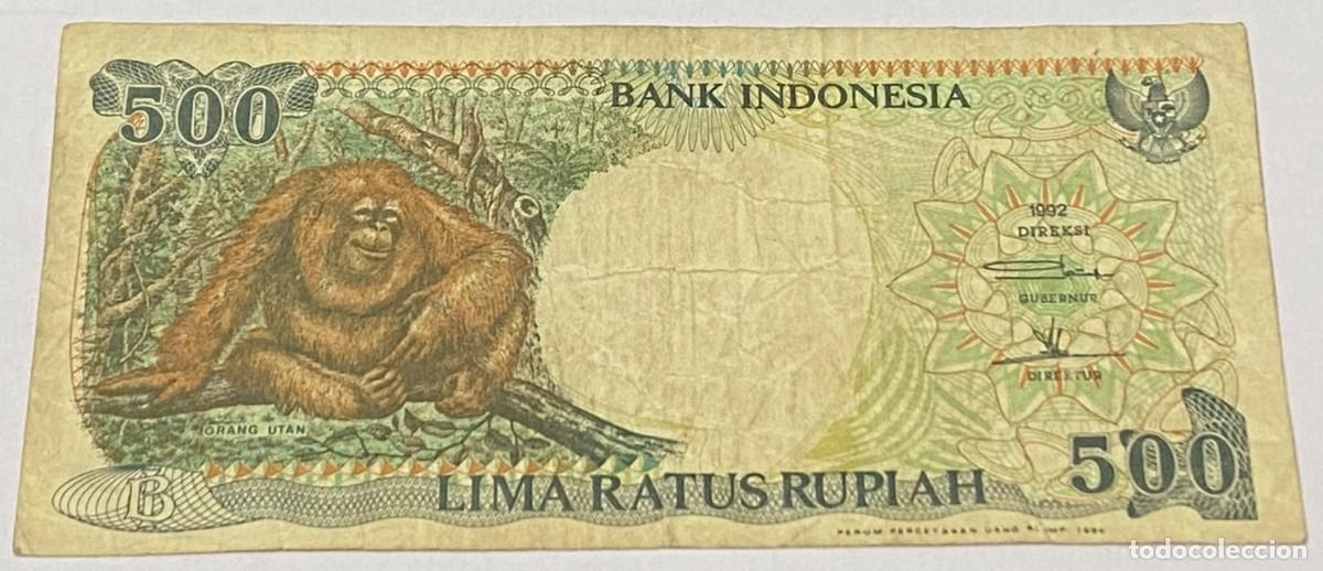 Billetes extranjeros: Billete 1992. 500 Rupia. Indonesia. Orangut&aacute;n. BC. Buena Conservaci&oacute;n