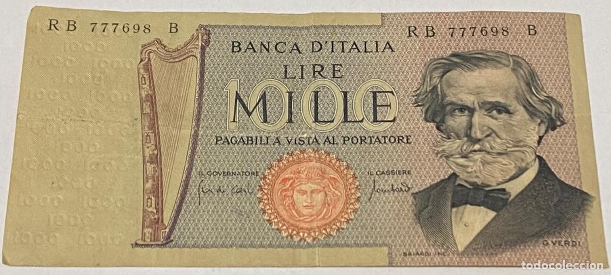Billetes extranjeros: Billete 1971. 1000 Liras. Italia. P-101b. MBC. M&uacute;sico Giuseppe Verdi. Teatro Alla Scala, Mil&aacute;n. Arpa