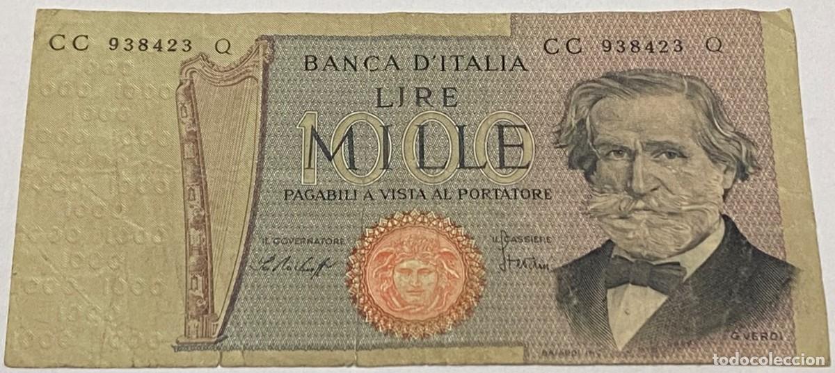 Billetes extranjeros: Billete 1977. 1000 Liras. Italia. P-101e. MBC. M&uacute;sico Giuseppe Verdi. Teatro Alla Scala, Mil&aacute;n. Arpa