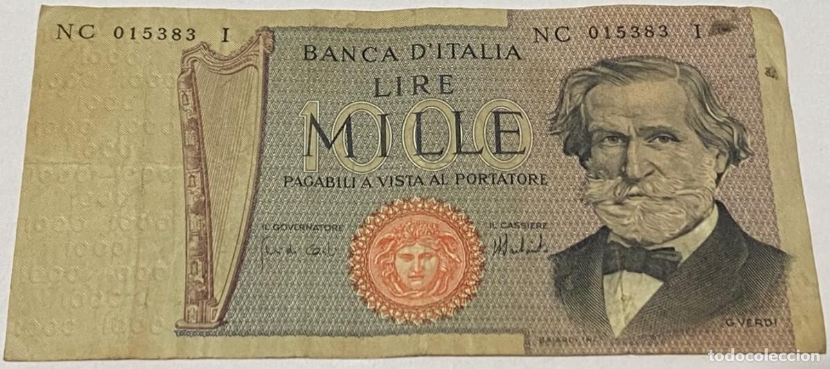 Billetes extranjeros: Billete 1975. 1000 Liras. Italia. P-101d. MBC. M&uacute;sico Giuseppe Verdi. Teatro Alla Scala, Mil&aacute;n. Arpa