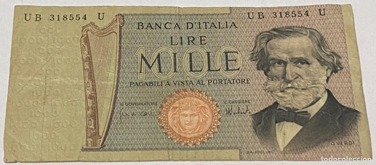 Billetes extranjeros: Billete 1973. 1000 Liras. Italia. P-101c. MBC. M&uacute;sico Giuseppe Verdi. Teatro Alla Scala, Mil&aacute;n. Arpa