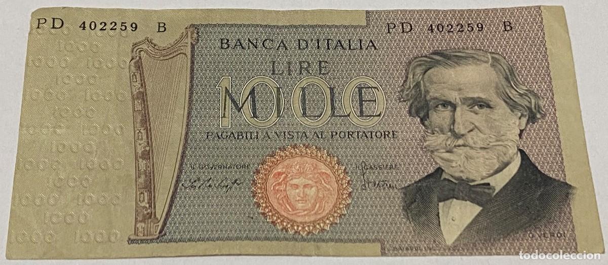 Billetes extranjeros: Billete 1979. 1000 Liras. Italia. P-101f. MBC. M&uacute;sico Giuseppe Verdi. Teatro Alla Scala, Mil&aacute;n. Arpa