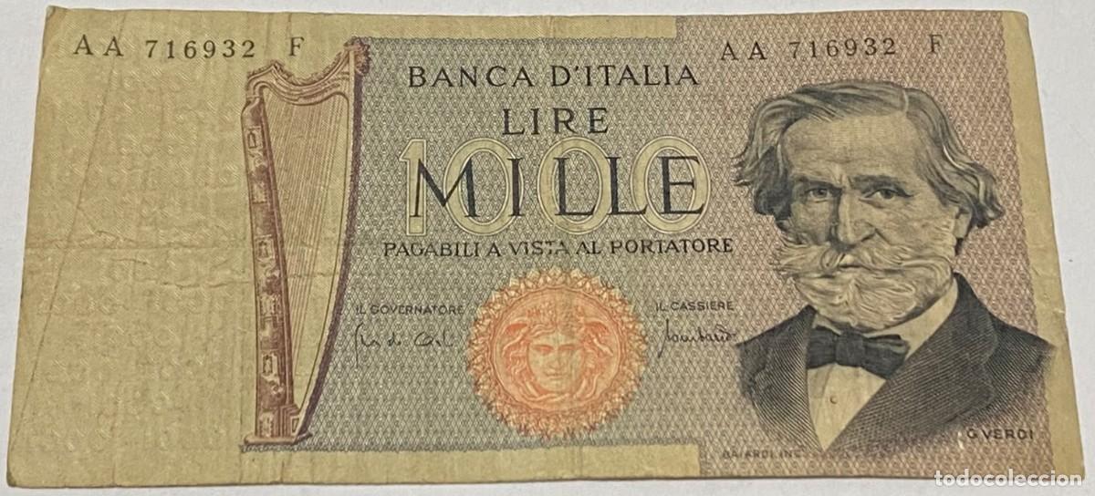 Billetes extranjeros: Billete 1969. 1000 Liras. Italia. P-101a. MBC. M&uacute;sico Giuseppe Verdi. Teatro Alla Scala, Mil&aacute;n. Arpa