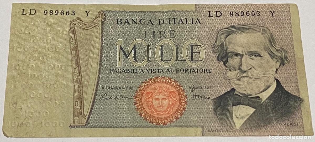 Billetes extranjeros: Billete 1981. 1000 Liras. Italia. P-101h. MBC. M&uacute;sico Giuseppe Verdi. Teatro Alla Scala, Mil&aacute;n. Arpa
