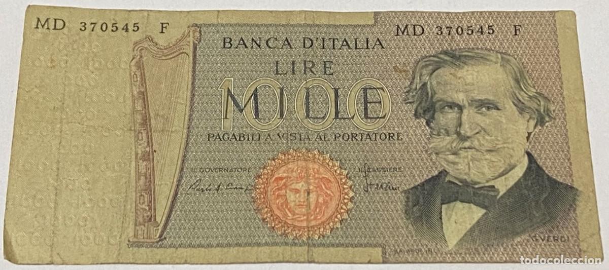 Billetes extranjeros: Billete 1980 Febrero. 1000 Liras. Italia. P-101g.1. MBC. M&uacute;sico Giuseppe Verdi. Teatro Scala, Mil&aacute;n
