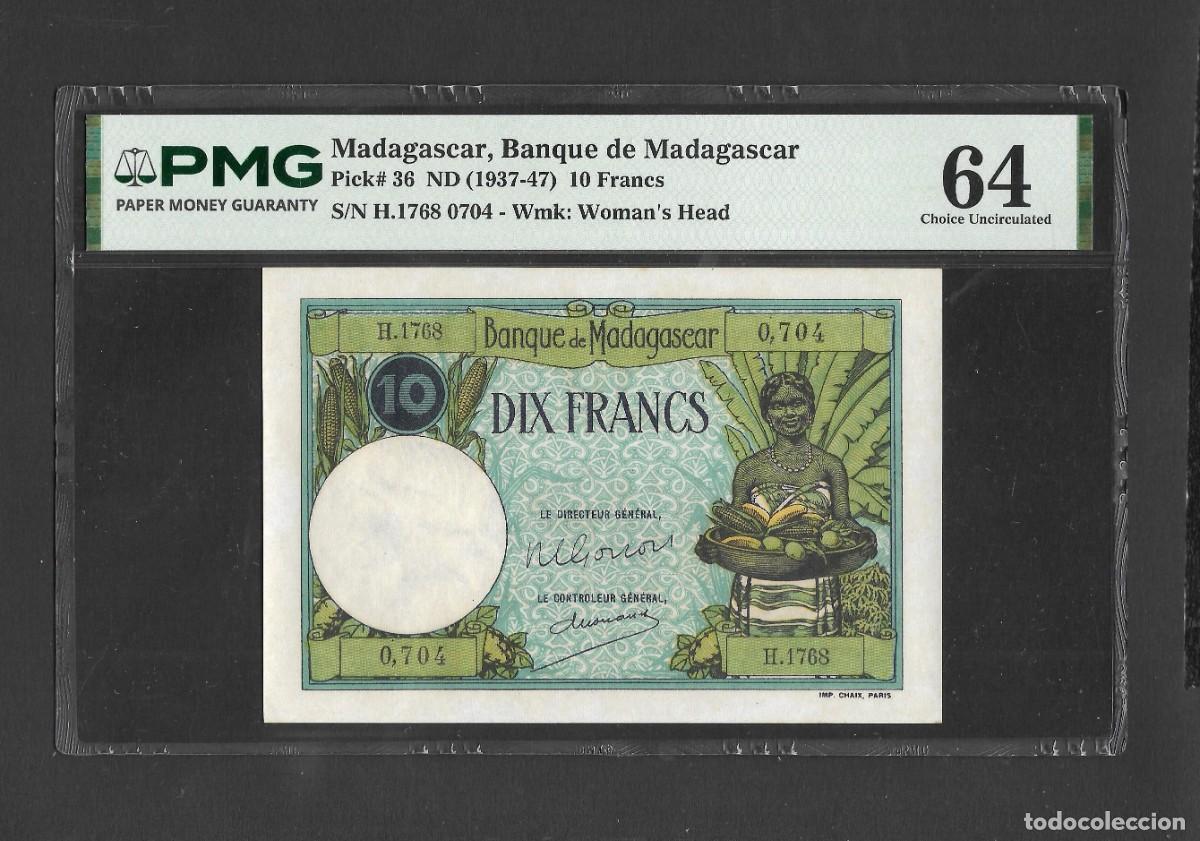 Billetes extranjeros: MADAGASCAR 10 FRANCS (ND) 1937/1947 CERTIFICADO PMG64