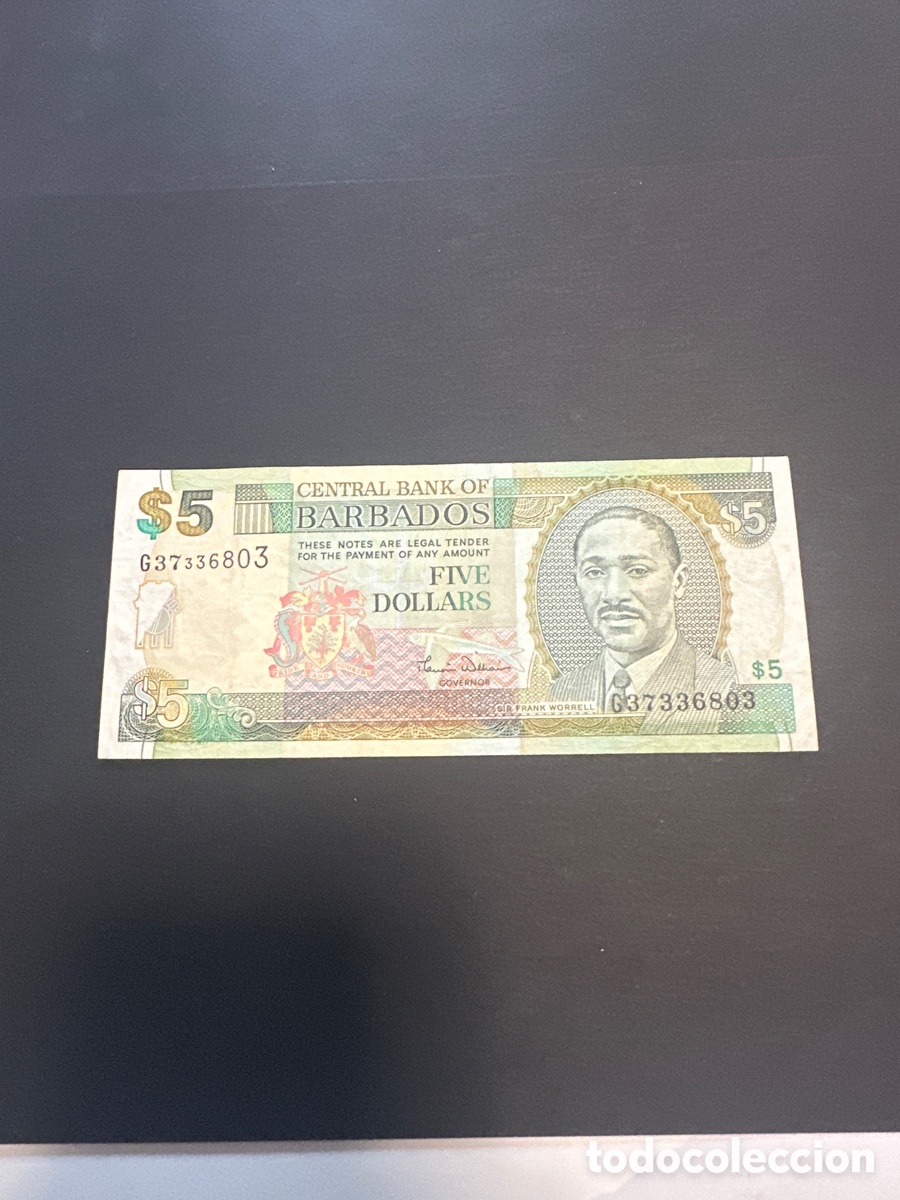 Billetes extranjeros: Billete de Barbados 5 dollars a&ntilde;o 2007