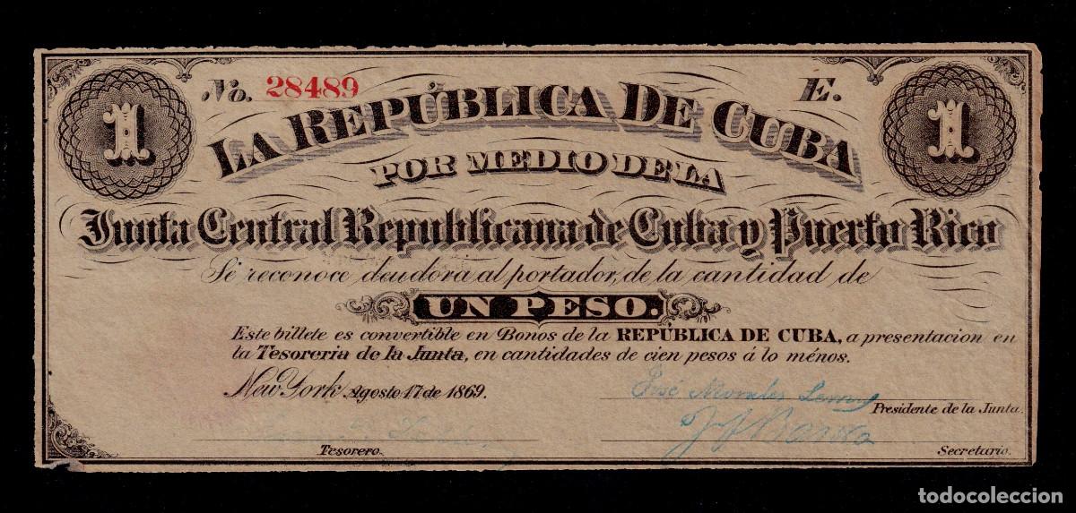 Billetes extranjeros: CUBA 1 PESO 1869 AUNC/EBC+ JUNTA REPUBLICANA DE CUBA Y PUERTO RICO