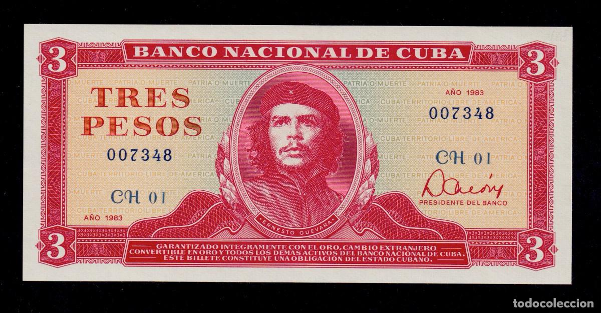 Billetes extranjeros: CUBA 3 PESOS 1983 UNC/SC Pick.107a Serie.007348 Alfa CH-01 (A&ntilde;o m&agrave;s dificil de la serie)