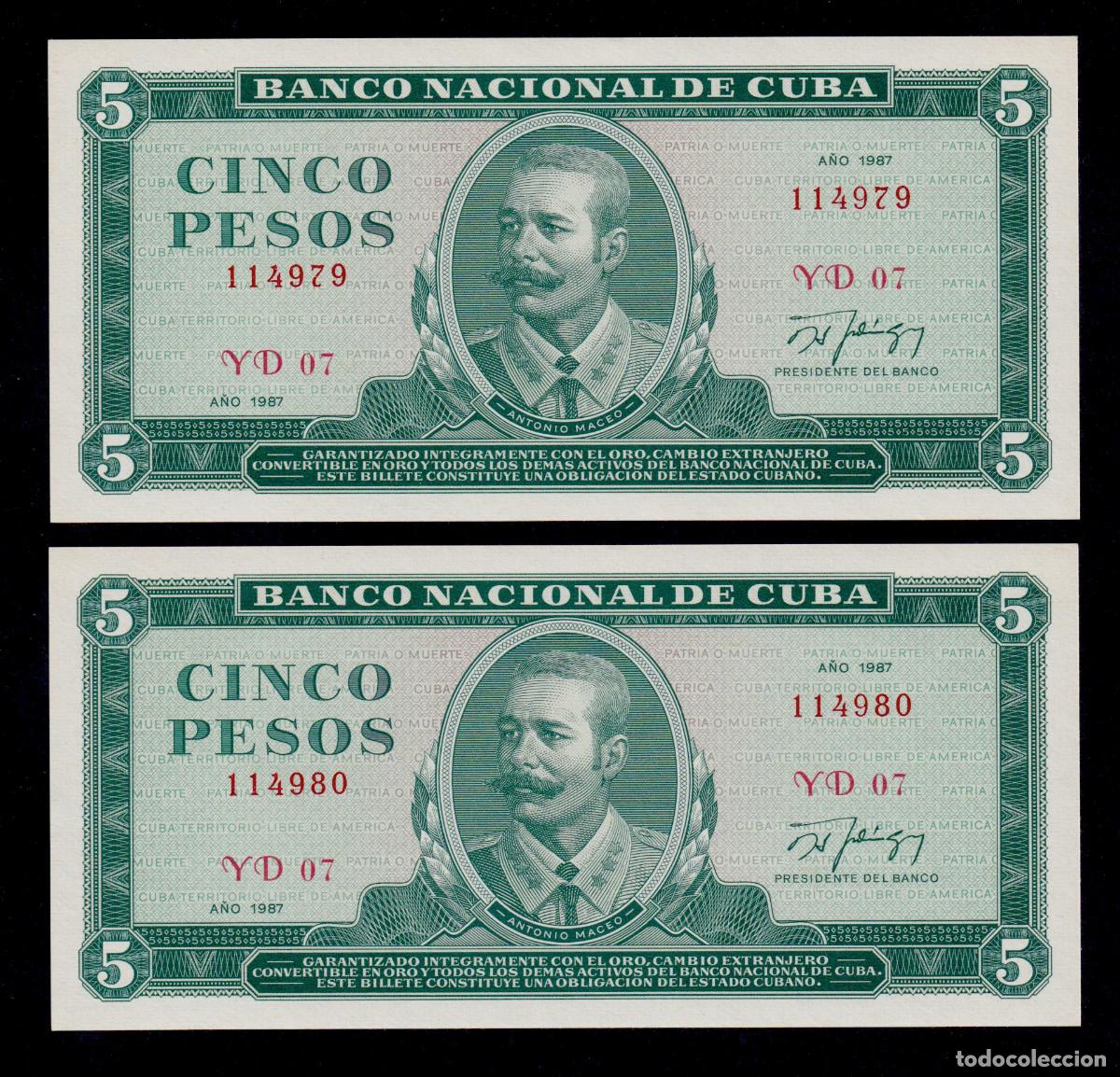 Billetes extranjeros: CUBA 5 PESOS 1987 UNC/SC Pick.103h Serie 114979 Alfa YD-07 ANTONIO MACEO PAREJA CONSECUTIVA