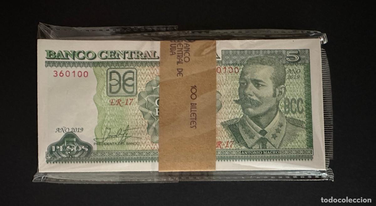 Billetes extranjeros: CUBA 5 PESOS 2019 UNC/SC Pick.116h 100 BILLETES 1 BILLETE CON SERIE RADAR O PALINDROMO FAJO TACO
