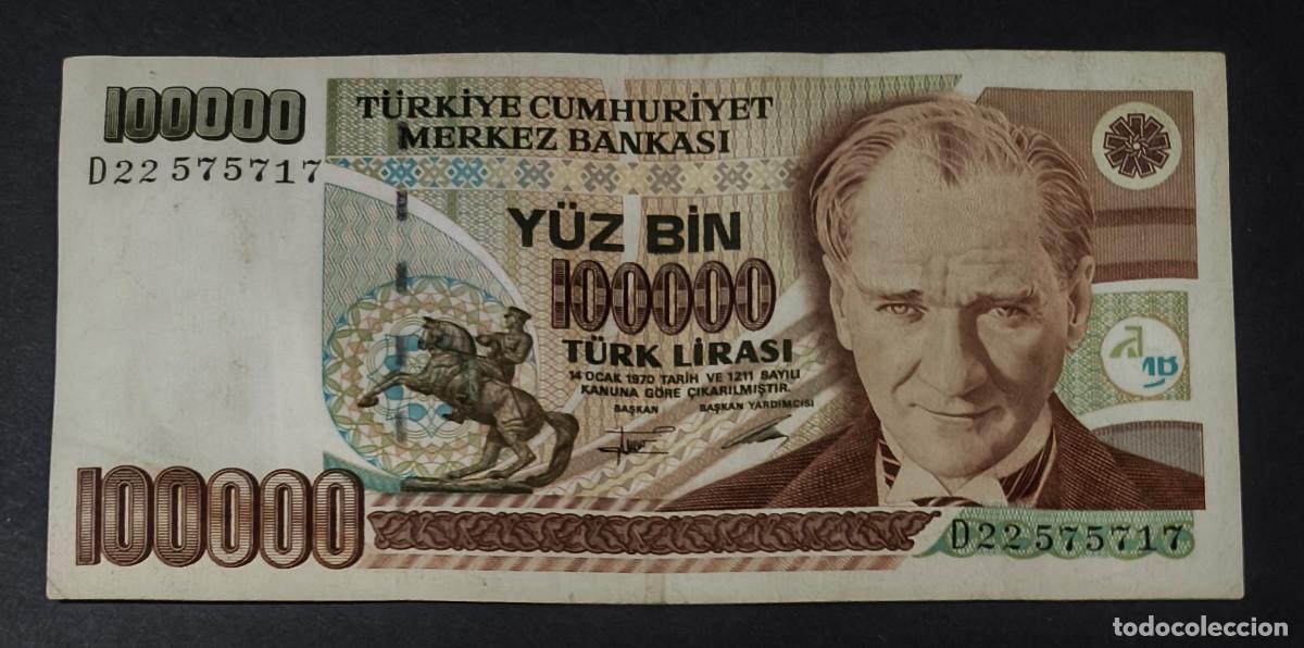 Internationale Banknoten: TURQUIA. 100000 lira (1997). Pick 205 b. Serie D. Con ornamento en la esq. sup. dcha.