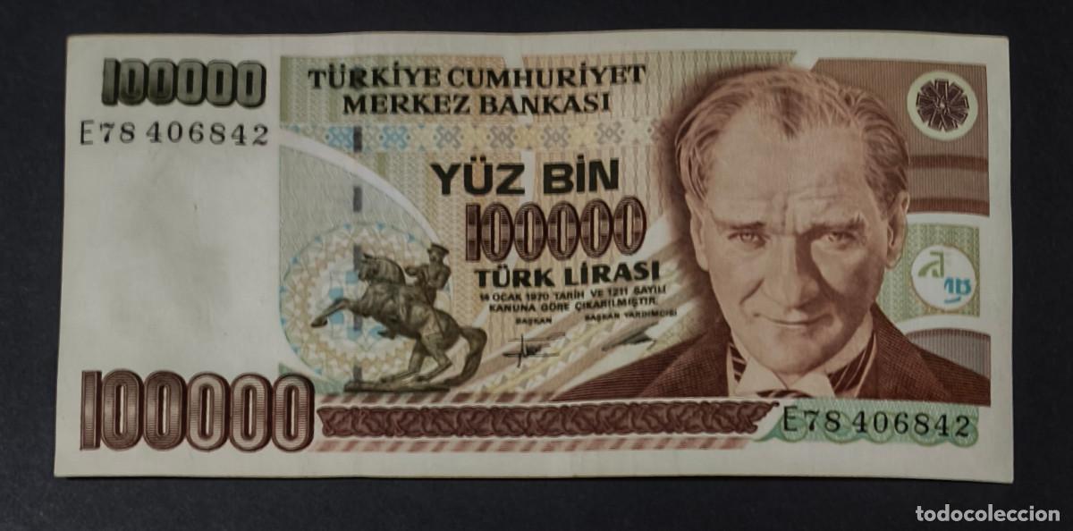 Internationale Banknoten: TURQUIA. 100000 lira (1997). Pick 205 b. Serie E. Con ornamento en la esq. sup. dcha.