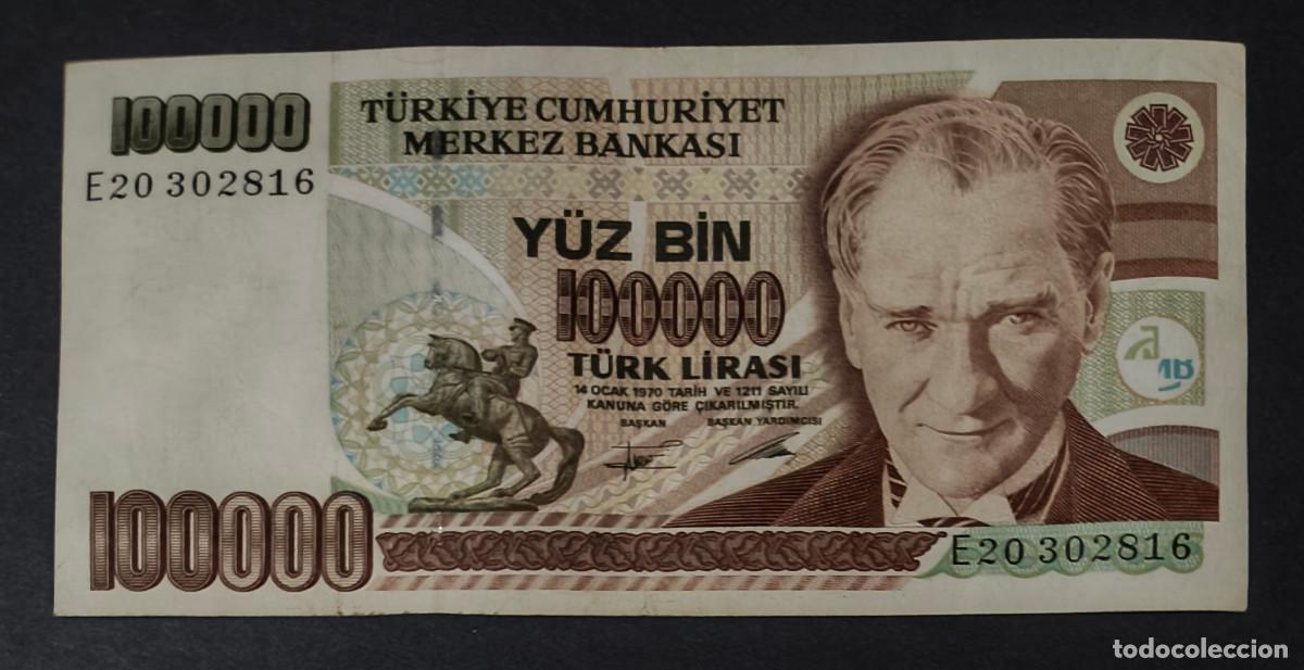 Internationale Banknoten: TURQUIA. 100000 lira (1997). Pick 205 b. Serie E. Con ornamento en la esq. sup. dcha.