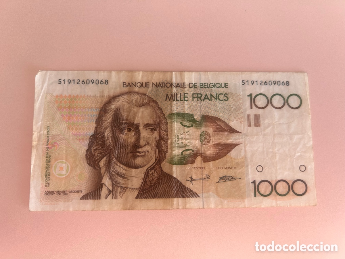Notas Internacionais: B&Eacute;LGICA &ndash; BILLETE 1000 FRANCOS BELGAS &ndash; ANDR&Eacute; GR&Eacute;TRY &ndash; 1980-1996 &ndash; PICK 144a &ndash; ORIGINAL