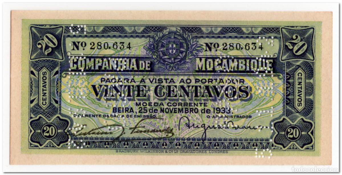Notas Internacionais: MOZAMBIQUE,20 CENTAVOS,1933,P.R29,CANCELLED,AU-UNC