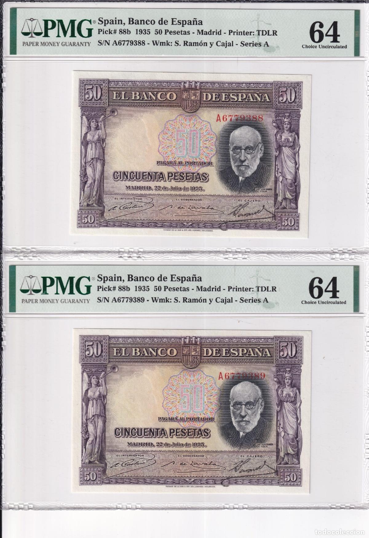 International Banknotes: CRPMG064 PARAEJA CORRELATIVA BILLETES ESPA&Ntilde;A 50 PESETAS 1935 SERIE A PMG64