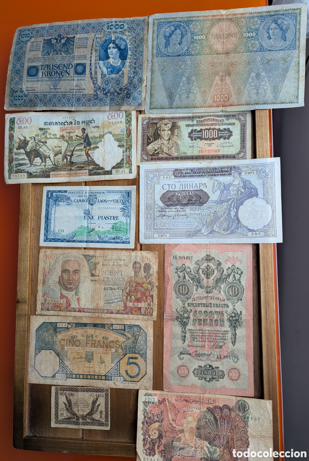 International Banknotes: Lote billetes variados&ndash; Francia y colonias , Rusia , Austria, Serbia, Indochina
