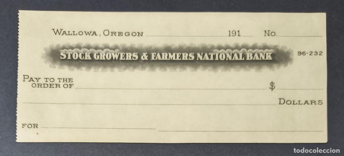 Billets internationaux: EEUU (Oregon). Talon de Stock Growers & Farmers National Bank del 191X sin rellenar.