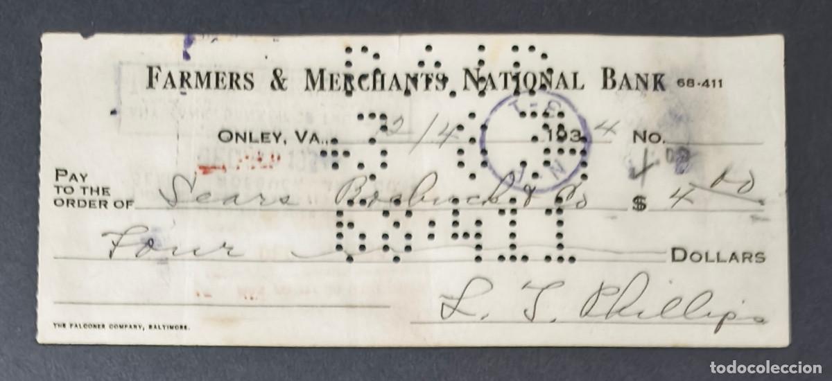Billets internationaux: EEUU (Virginia). Talon de Farmers Merchants National Bank del 12.04.1934 por valor de 4,00$.