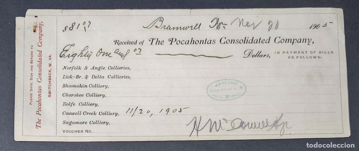 Billets internationaux: EEUU. Talon de Pocahontas Consolidated Company del 20.11.1905 por valor de 81,07$. Unifaz.