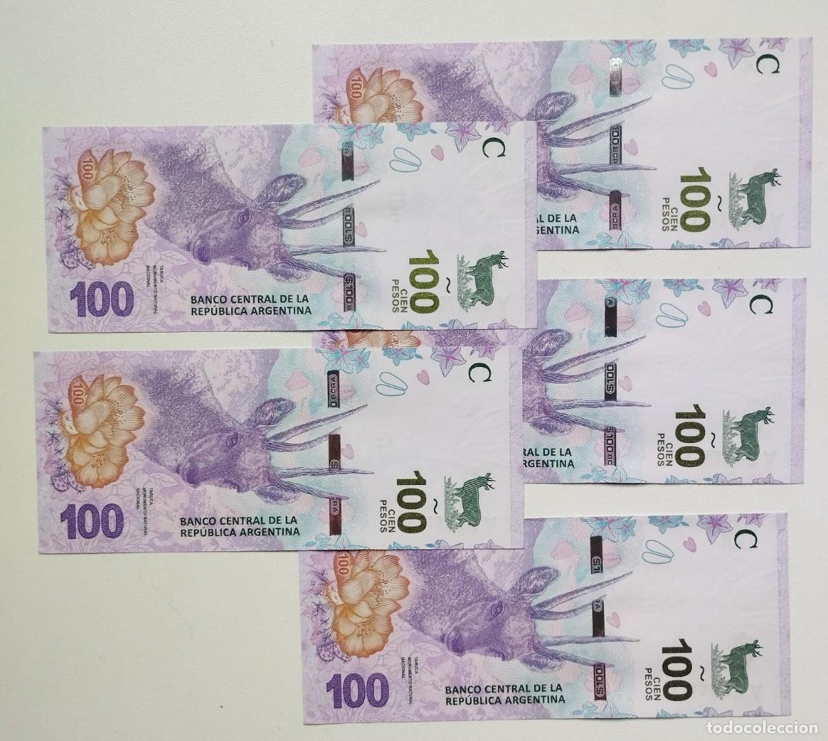 Banconote internazionali: ARGENTINA LOTE DE 5 BILLETES CORRELATIVOS DE 100 PESOS SERIE ANIMALES - TARUCA - CORDON DE FAMATINA
