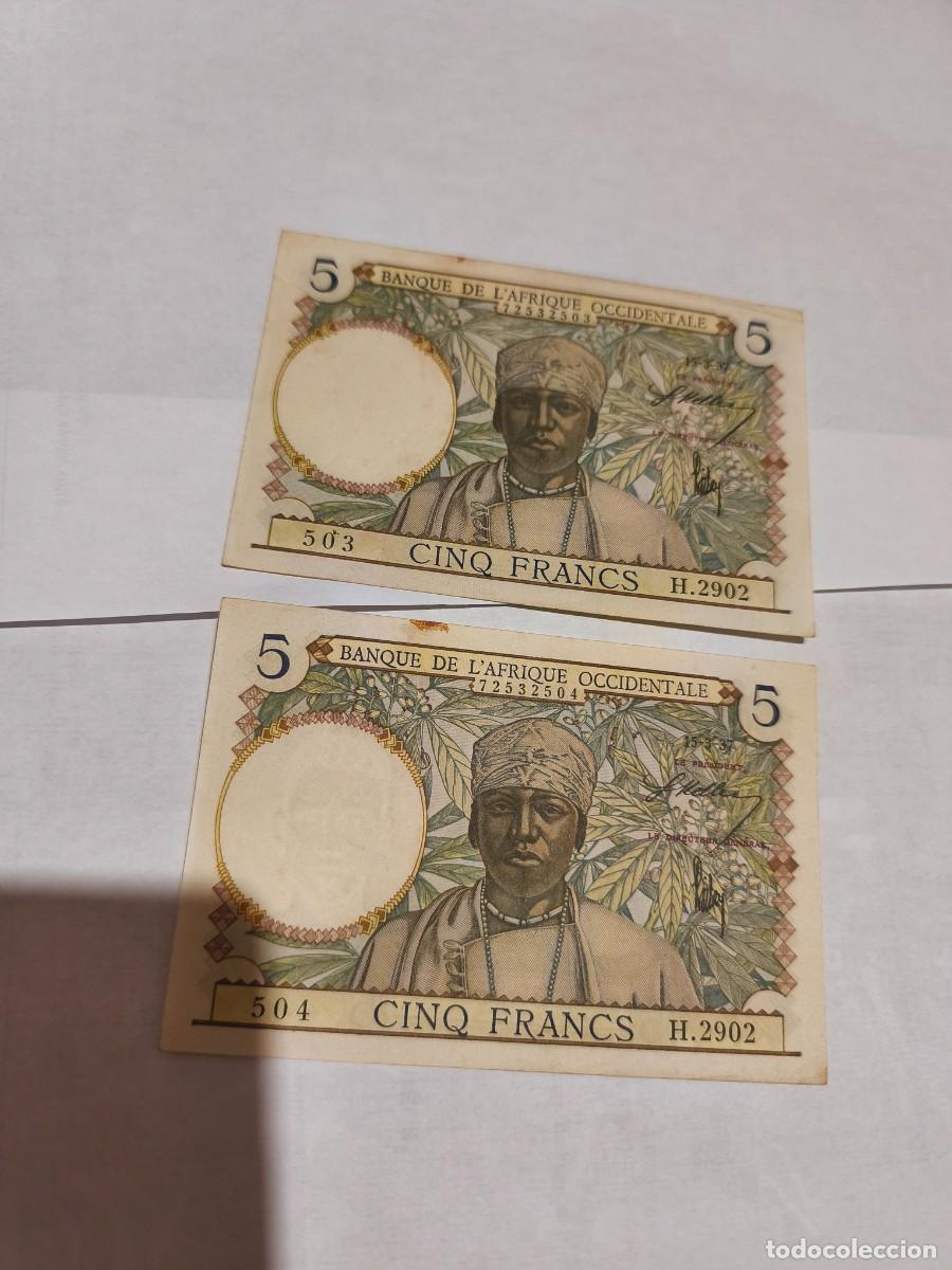 Billetes extranjeros: &Aacute;frica occidental 5francos 1937 par.VF.