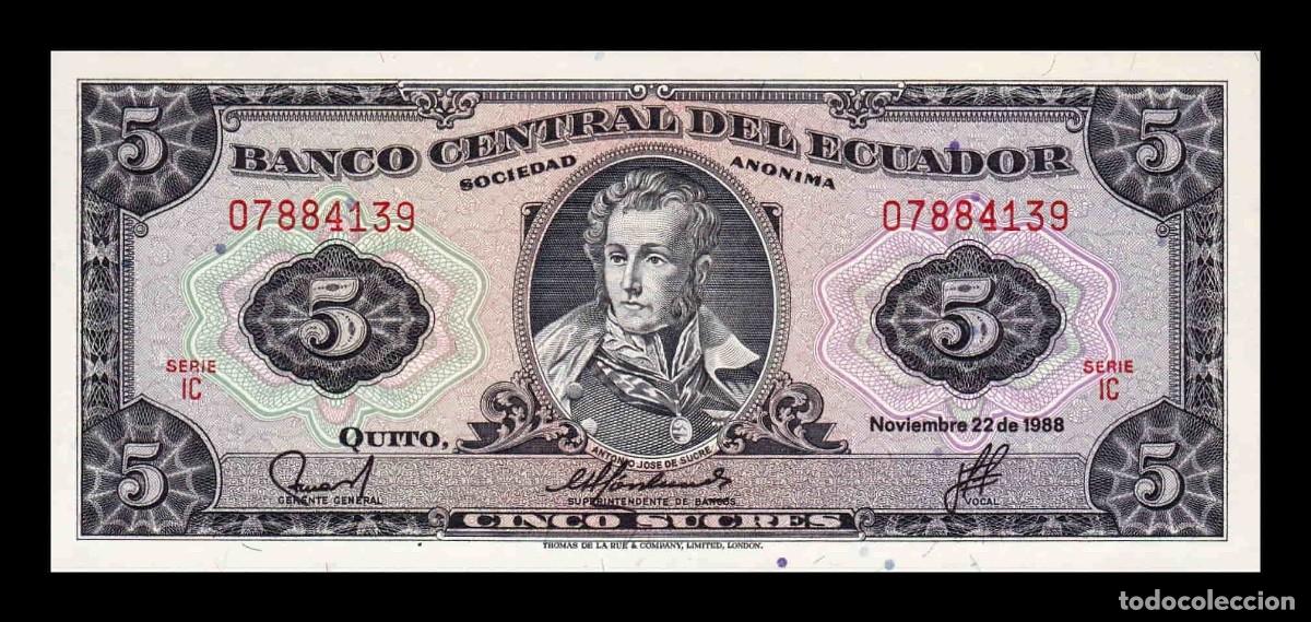 Notas Internacionais: Ecuador 5 Sucres Antonio Jos&eacute; de Sucre 1988 Pick 113d(3) Serie IC Sc-/Sc aUnc/Unc