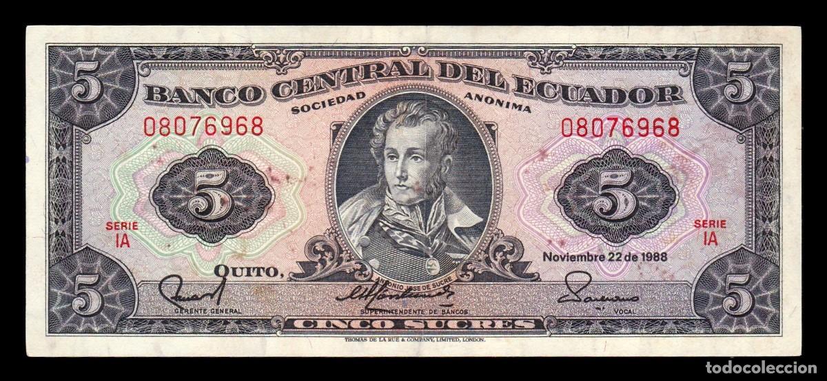 Notas Internacionais: Ecuador 5 Sucres Antonio Jos&eacute; de Sucre 1988 Pick 113d(1) Serie IA Ebc Xf