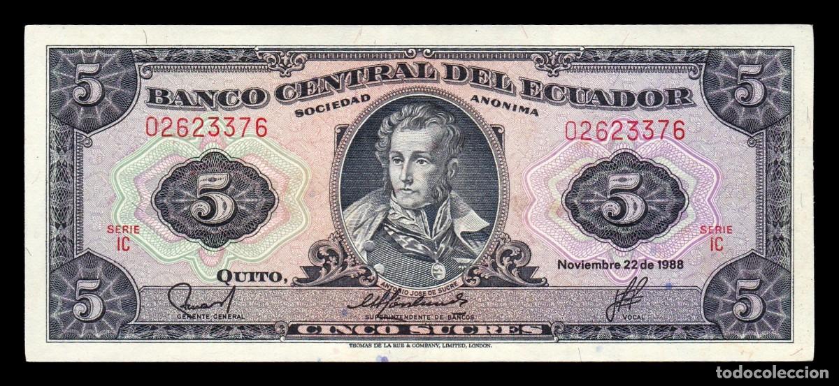 Notas Internacionais: Ecuador 5 Sucres Antonio Jos&eacute; de Sucre 1988 Pick 113d(3) Serie IC Ebc Xf
