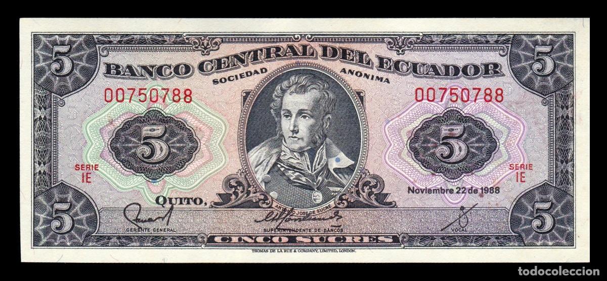 Banconote internazionali: Ecuador 5 Sucres Antonio Jos&eacute; de Sucre 1988 Pick 113d(5) Serie IE Ebc Xf