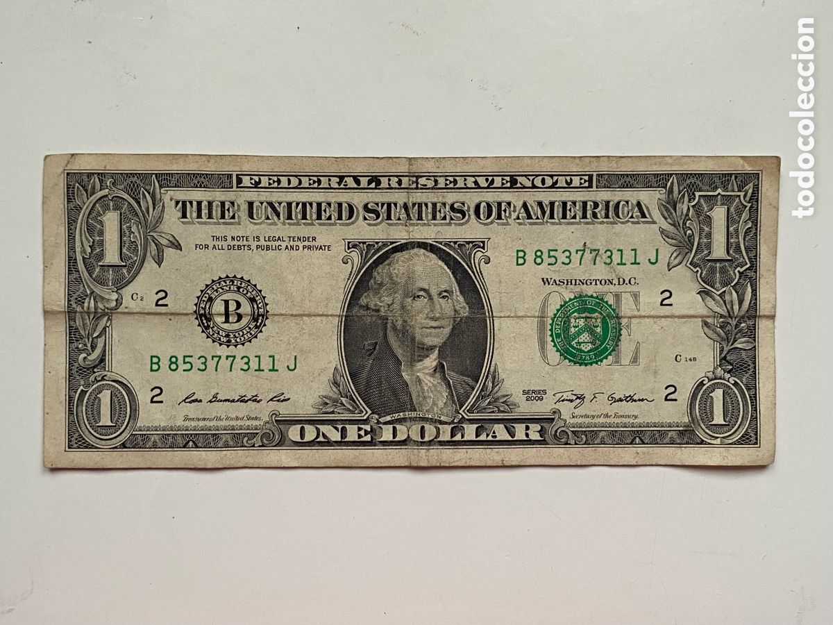 Billetes extranjeros: Billete 1 D&oacute;lar USA - Serie 2009 - Reserva Federal de Nueva York (B) - One Dollar U
