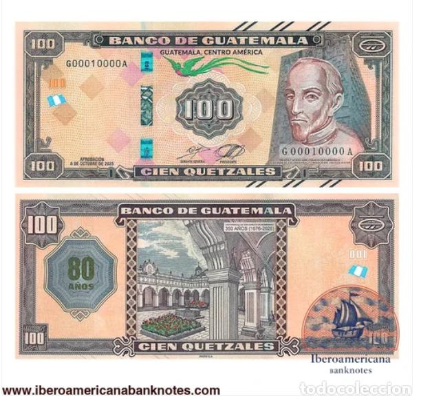 Billetes extranjeros: 100 quetzales guatemala 2026 UNC conmemorativo