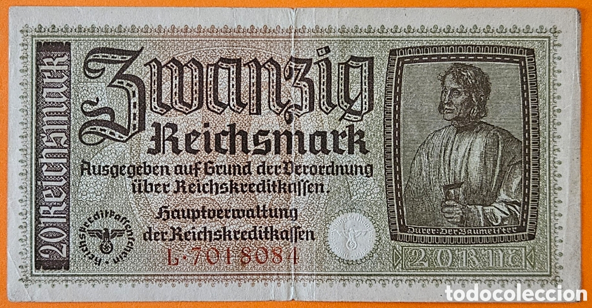 Banconote internazionali: ALEMANIA, II GUERRA MUNDIAL, 20 REICHSMARK, 1939 - 1944.