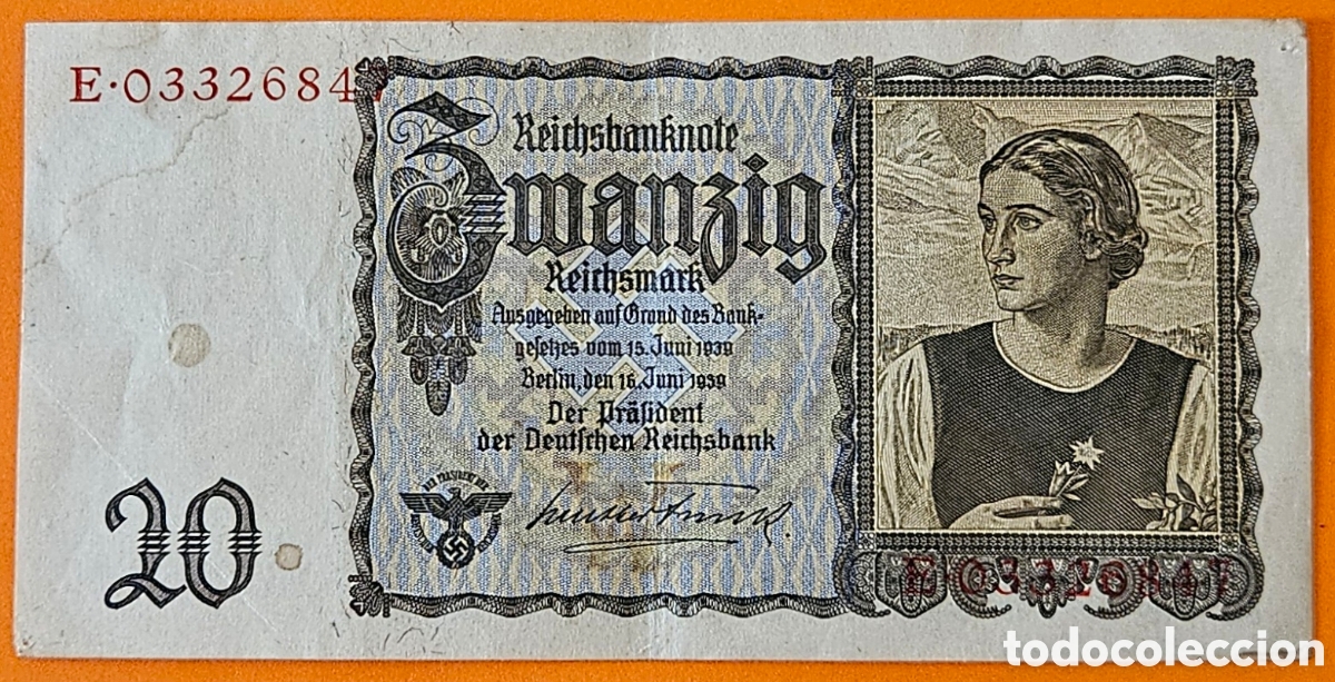 International Banknotes: ALEMANIA, II GUERRA MUNDIAL, 20 REICHSMARK, 1939.