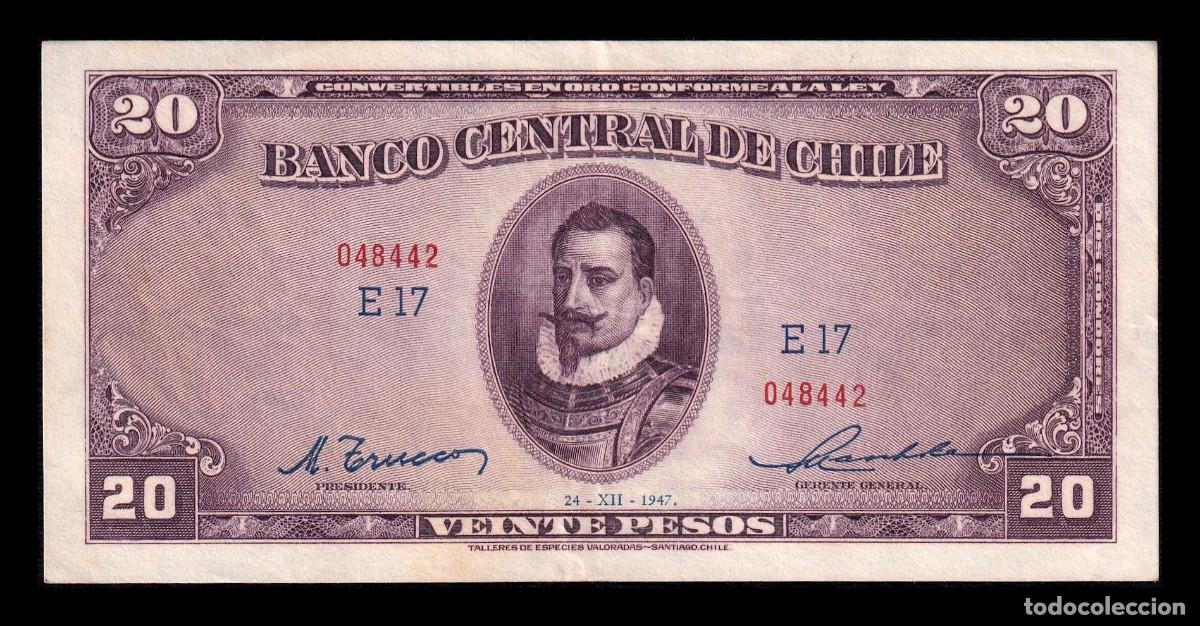 Billetes extranjeros: Chile 20 Pesos Pedro de Valdivia 1947 Pick 93b Ebc Xf