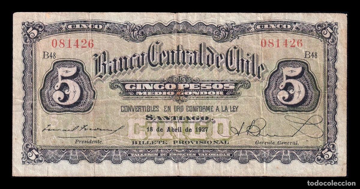 International Banknotes: Chile 5 Pesos (&frac12; Condor) 1927 Pick 82a Mbc Vf