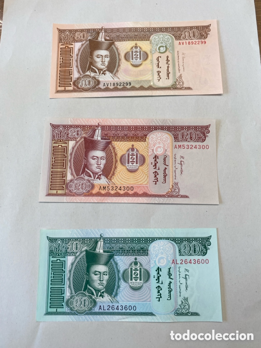 International Banknotes: Pack de 3 billetes de Mongolia &ndash; 10, 20 y 50 Tugrik (2016-2018)