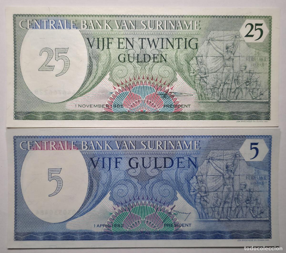 Billetes extranjeros: LOTE 2 BILLETES SURINAM 5 GULDEN 1982 / 25 GULDEN 1985 SIN CIRCULAR