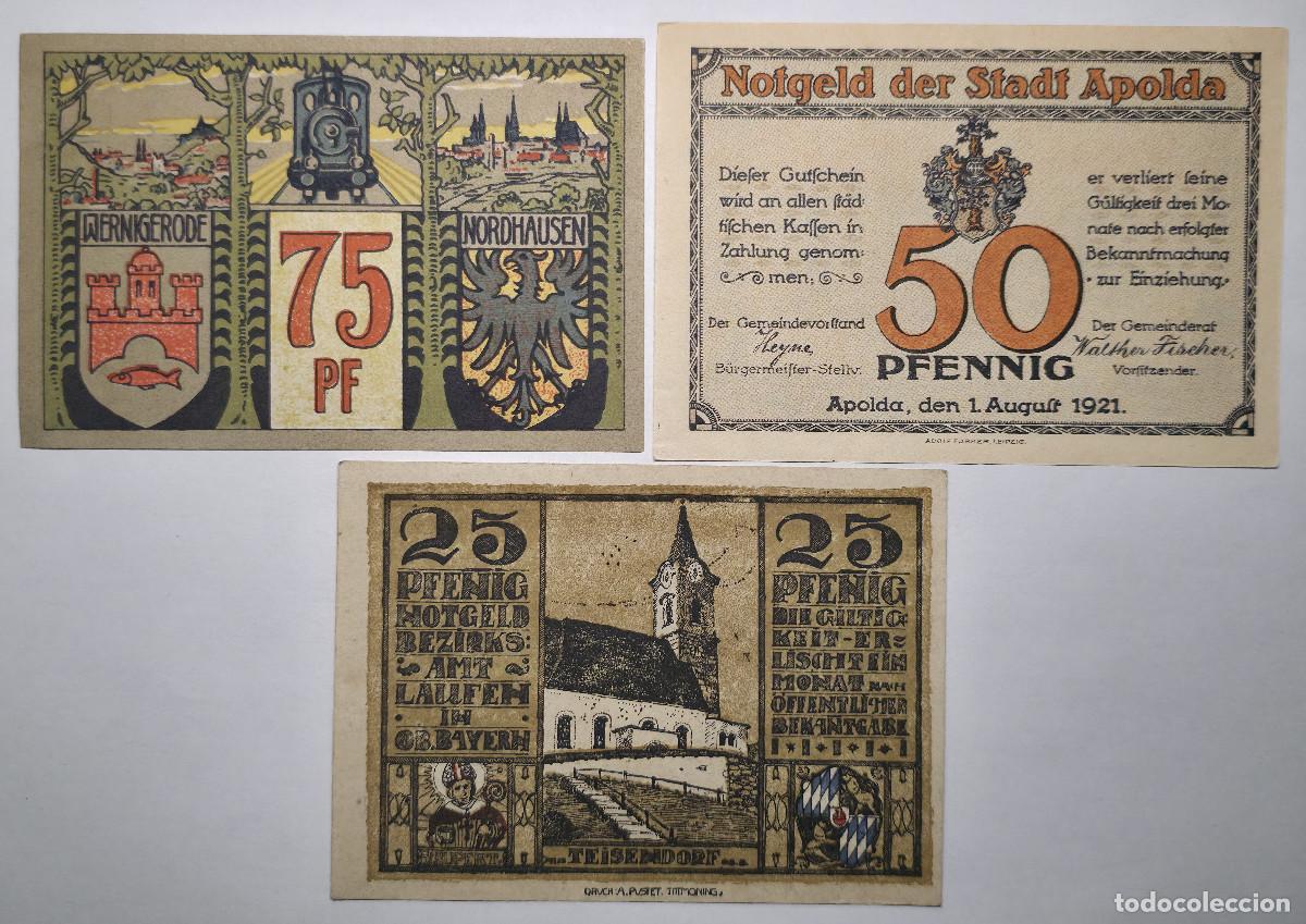 International Banknotes: LOTE 3 BILLETES NOTGELD LAUFEN 1920 / APOLDA 1921 / NORDHAUSEN 1921
