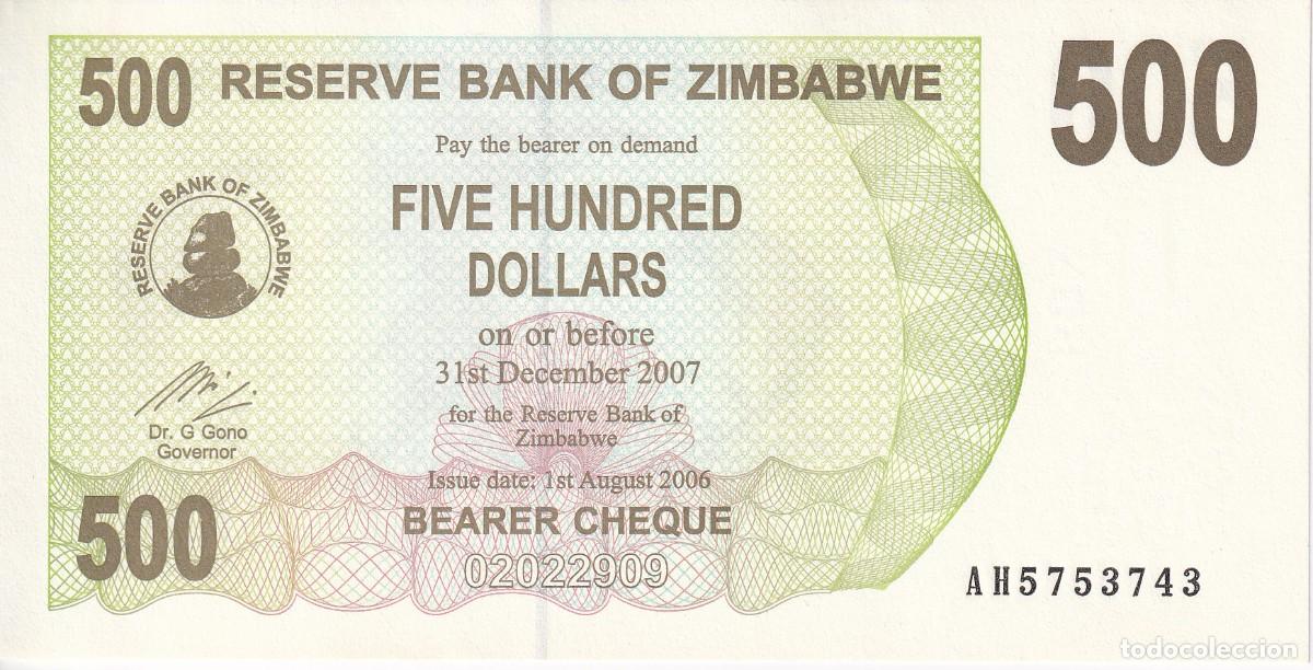 International Banknotes: BILLETE DE ZIMBABWE DE 500 DOLLARS DEL A&Ntilde;O 2007 SIN CIRCULAR (UNC)