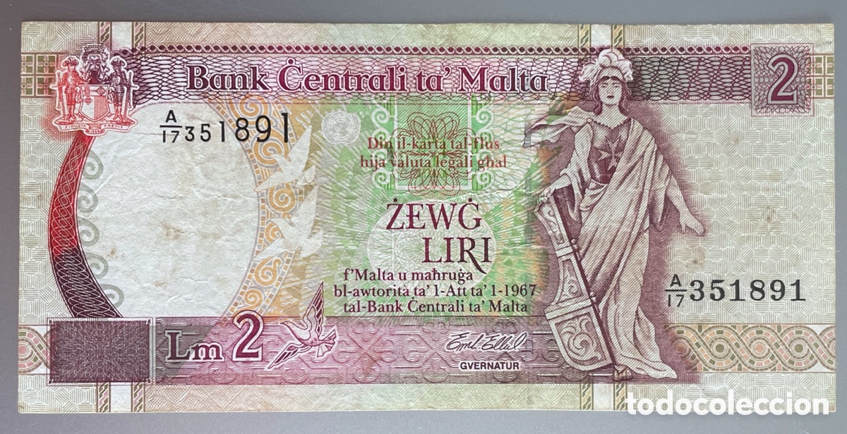 Billetes extranjeros: Malta. 2 liras. 1967 (1994)