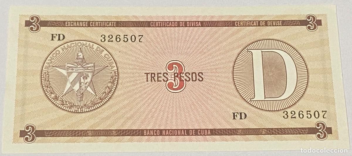 Billetes extranjeros: Billete 1985. 3 Pesos. Cuba. Serie D. Certificado de Divisa. Banco Nacional de Cuba. SC Sin Circular