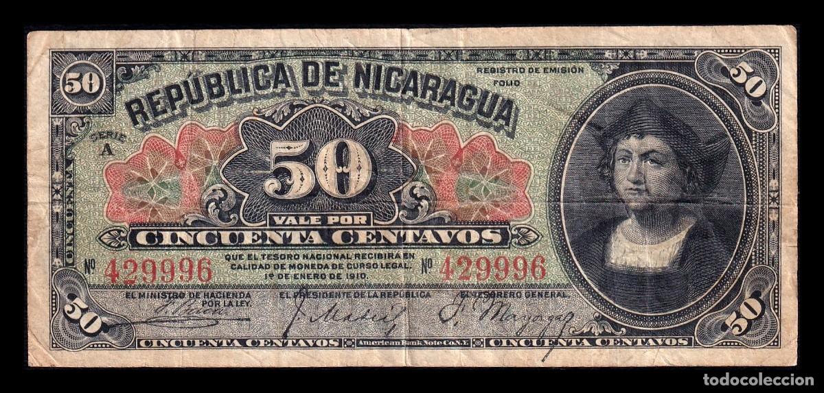 Billetes extranjeros: Nicaragua 50 Centavos Crist&oacute;bal Col&oacute;n 1910 Pick 43a Bc/+ F/+