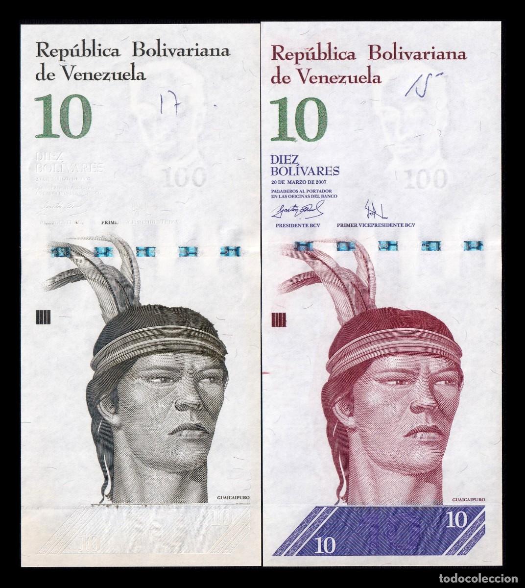 Billetes extranjeros: Venezuela Prueba 2 billetes 10 Bol&iacute;vares Cacique Guaicapuro 2007 Pick 90a Sc Unc
