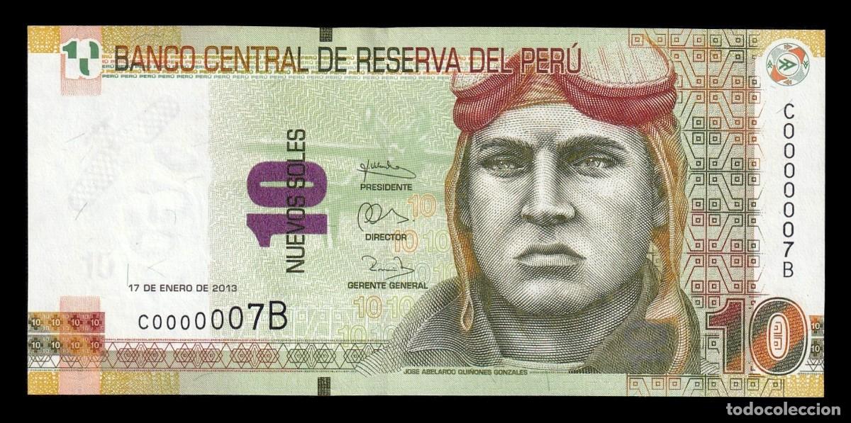 Billetes extranjeros: Per&uacute; 10 Nuevos Soles Jos&eacute; Abelardo Qui&ntilde;ones 2013 Pick 187 Numeraci&oacute;n baja Sc Unc